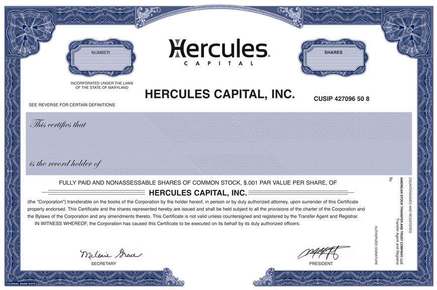 Hercules Capital stock certificate